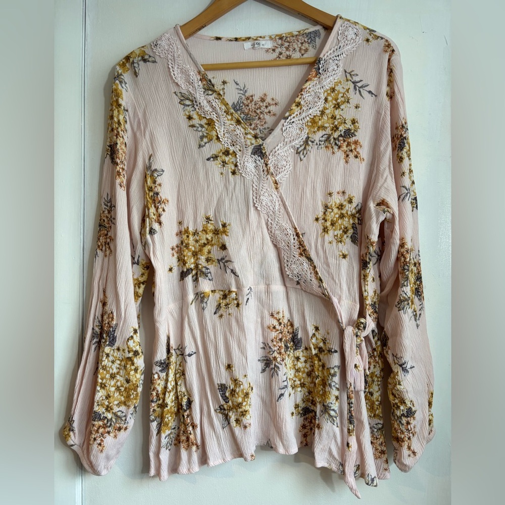 Maurices Pink Floral Lace Wrap Blouse